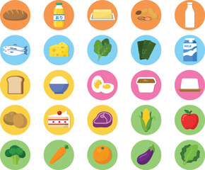 Fototapeta premium Collection of colorful flat vector food icons representing a balanced diet and healthy nutrition.