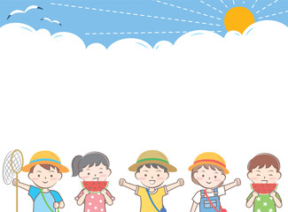 Naklejka premium 夏の子供たちのフレーム 夏休み