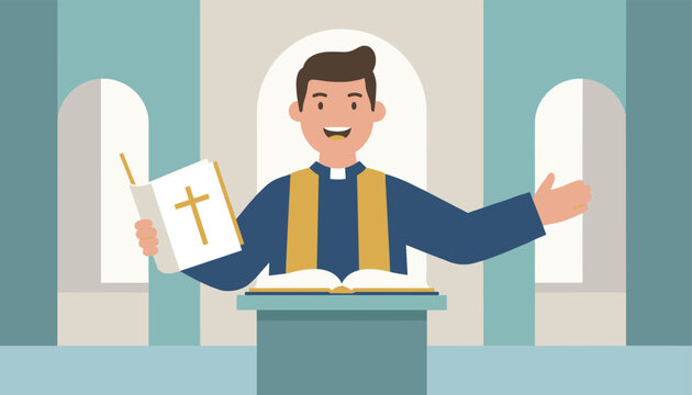 Happy male priest standing behind a pulpit in a church while holding an open holy Bible and welcoming the congregation.