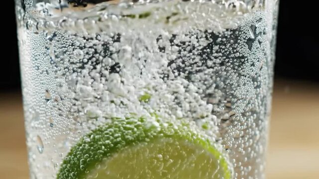 Close up of fizzy water in glass with lime slice and condensation