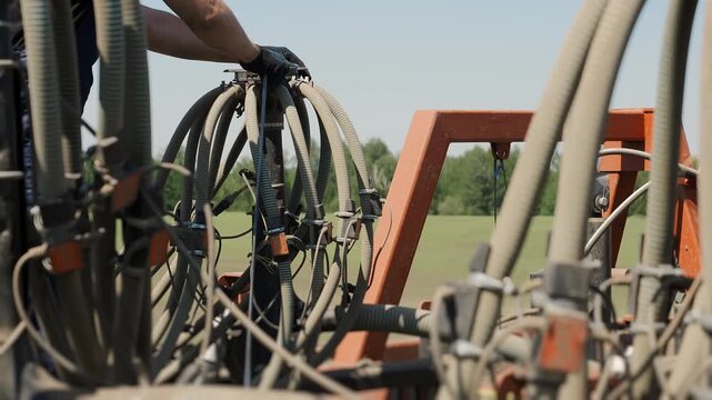 Farmer closing inspection hatch on agricultural seeder after checking seed delivery system. Farm equipment maintenance, machinery inspection and planting operations in field.