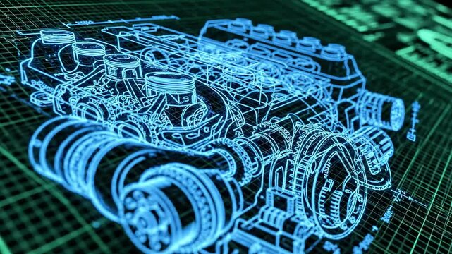 A blue-tinted detailed blueprint of a complex machinery component on a digital drafting table