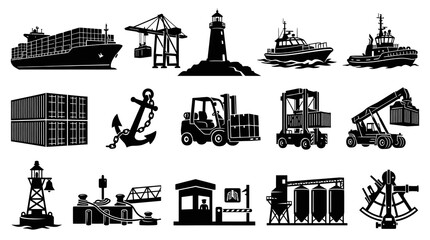Obraz premium Nautical and Port Icons: Cargo Ship, Crane, Lighthouse, Anchor, Forklift, Boat, Tugboat, Glyphs