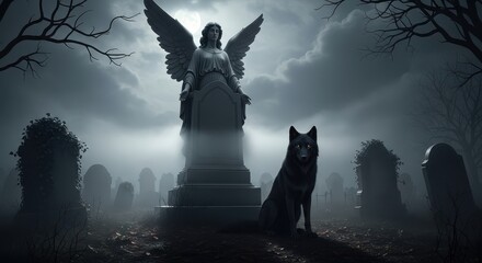 Naklejka premium Gothic Cemetery Scene with Angel Statue and Black Wolf under Full Moon in Foggy Night