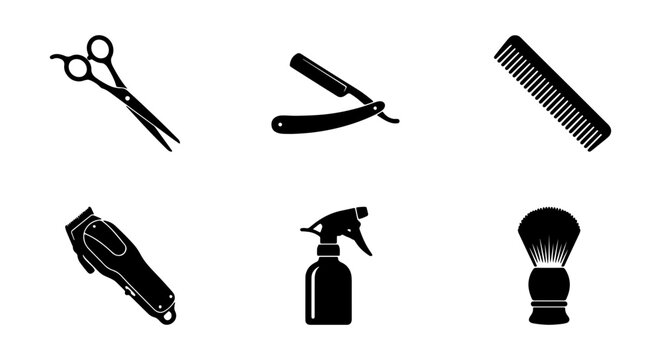 Barber Tools Vector Icons: Scissors, Razor, Comb, Clipper, Spritzer, Brush Set