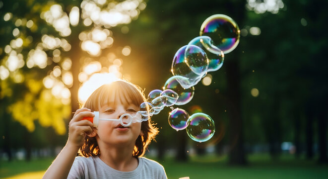 Happy child blowing soap bubbles in a sunlit spring park meadow