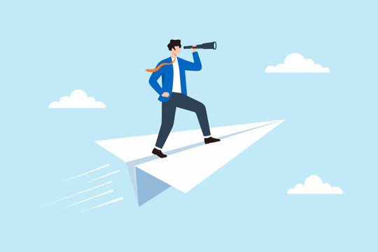 Flat illustration of businessman standing on flying paper airplane using telescope symbolizing opportunity exploration strategic planning business direction and future vision