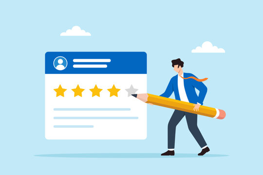Flat illustration of businessman evaluating star feedback with giant pencil symbolizing customer rating review assessment satisfaction score and quality evaluation