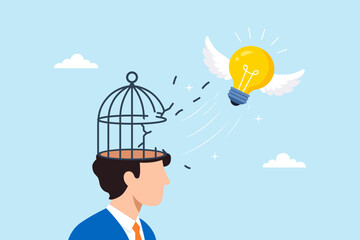 Flat illustration of flying light bulb escaping broken birdcage on human head symbolizing creativity innovation free thinking imagination and problem solving © VZ_Art