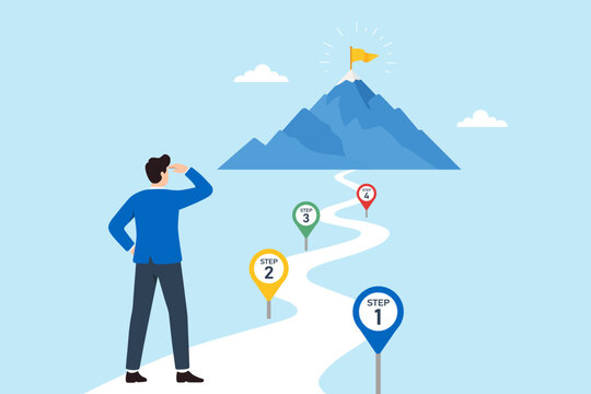 Flat illustration of businessman looking toward mountain destination along milestone path symbolizing business journey strategic planning goal achievement and career progress