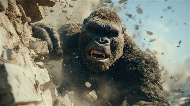 Enormous primate forcefully demolishes a stone structure with intense expression
