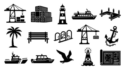 Obraz premium Black White Glyph Icons of Maritime Harbor Nautical Objects
