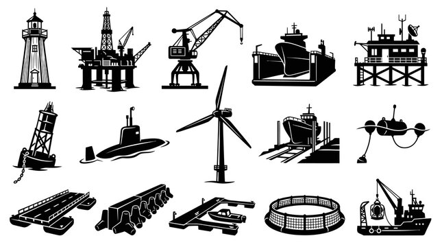 Marine and Offshore Industry Icons Set: Black and White Glyphs of Sea Vessels, Structures, and Equipment