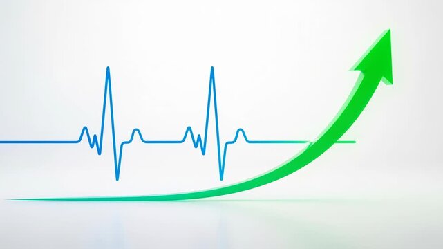 Healthcare growth statistics chart arrow pulse line medical data show rising trend with clean clinical progress white background