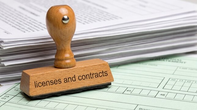 Wooden rubber stamp with licenses and contracts text, official legal documentation on office desk, stack of paper forms for business agreement