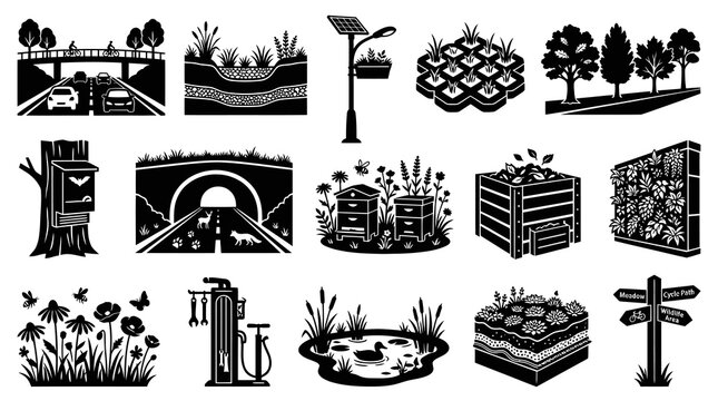 Eco-Friendly City Infrastructure and Green Living Icons in Black and White Glyph Style