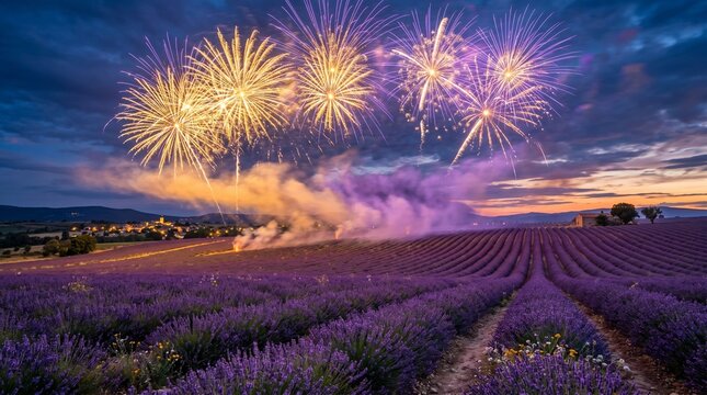 Beautiful golden fireworks display above blooming lavender fields at dusk