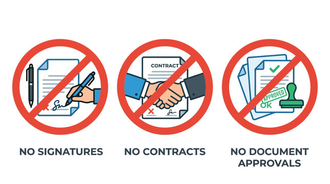 Three circular red prohibition signs depicting restricted business actions of signing contracts and approving important documents