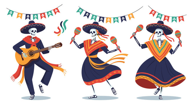 Trio of skeleton musicians and dancers dressed in colorful traditional mexican attire celebrating the dia de los muertos festival with music.