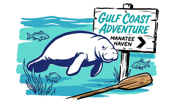 Retro Gulf Coast adventure manatee swimming with wooden sign and oar, vintage graphic illustration for t-shirt design and coastal souvenir branding.