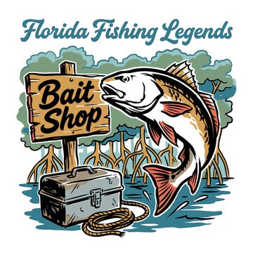 Retro Florida fishing legends graphic with redfish jumping by bait shop sign and mangroves, vintage illustration for t-shirt design and apparel