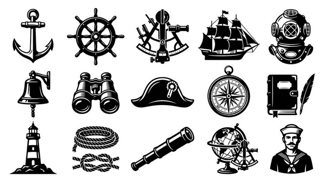Nautical and Maritime Elements Icons Set in Black and White Glyph Style