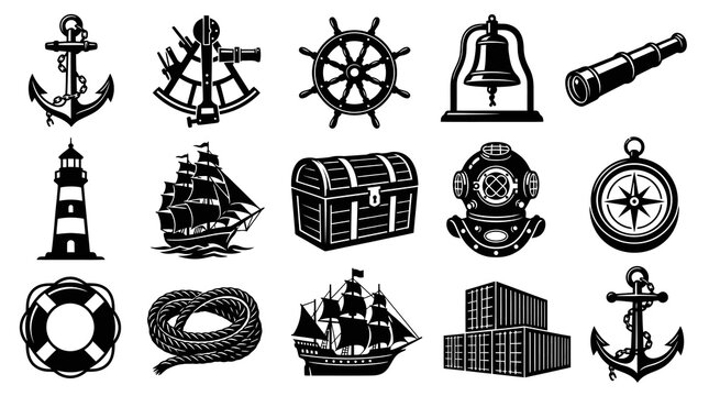 Nautical Marine Sea Navigation Black and White Glyph Icons Set. Ocean Travel and Adventure Symbols
