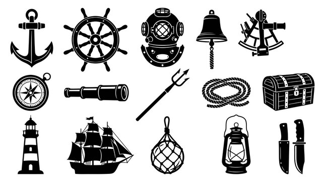 Nautical Maritime Elements  Sea Symbols Black  White Glyph Vector Icons Set