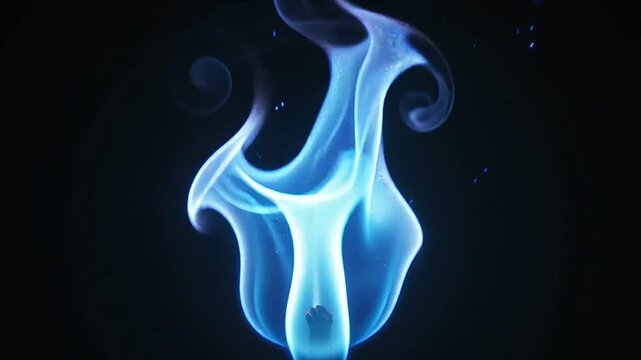 Glowing blue flame with wispy smoke rising from a wick against a black background