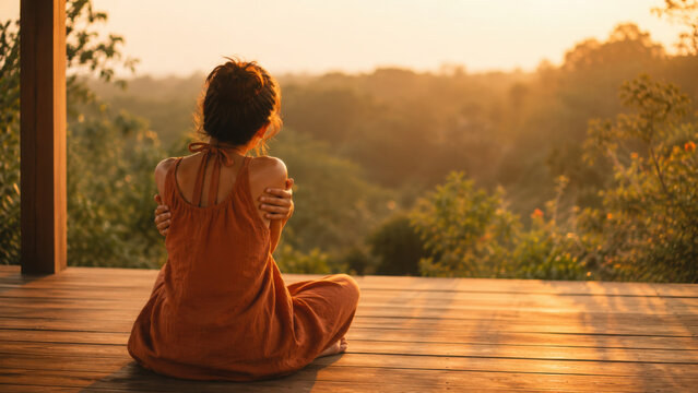 Serene woman enjoys peaceful sunset view surrounded by nature, embodying somatic connection to her environment