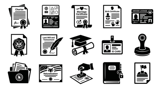 Legal, Government, and Education Documents Black  White Glyph Icons Set - Identity, Certificates, Licenses, and Official Paperwork