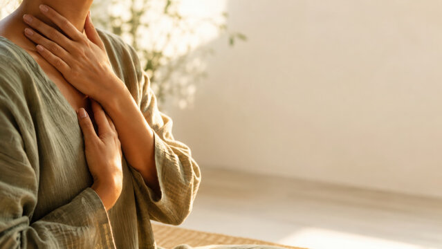 Person gently touches their throat in serene environment, embodying somatic connection to their emotions and well being