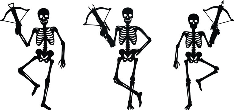 Skeleton figures holding crossbows in dancing poses