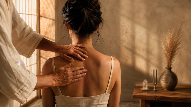 Relaxation and healing are evident in this serene setting where somatic massage is being performed on woman, enhancing her well being