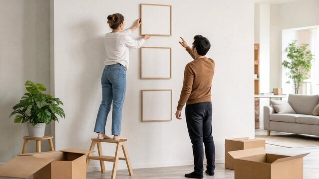 Young Couple Hanging Square Picture Frames on Wall in New Home