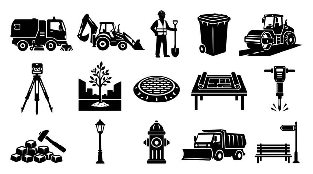 Black  White Construction and City Services Icons Set