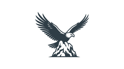 Fototapeta premium A majestic bald eagle perched atop a rocky mountain peak with wings spread wide.