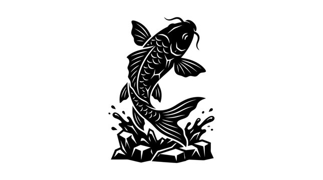 Black and white woodcut style illustration of a jumping koi fish.