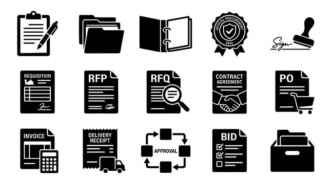 Procurement, Business, and Financial Documents Black Glyph Icons Collection