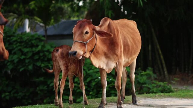 A mother cow standing with her calf in a lush natural environment.