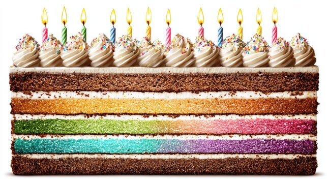 Layered celebration confection displays multiple bright colors beneath lit wick adornments