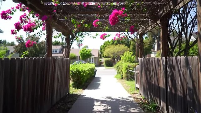 Pink bougainvillea on wooden pergola over garden path
