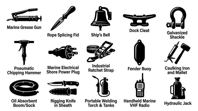 Marine Equipment Icons: Nautical Tools  Safety Gear - Black  White Vector