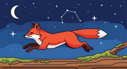 Fototapeta premium Flat Vector Illustration of a Red Fox Jumping Through the Night Sky with Moon and Stars