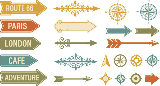 Collection of retro travel signs and directional arrows vintage style vector elements.