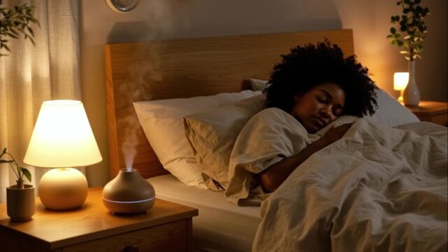 Peaceful nighttime scene of young black female resting on cozy wooden bed under blanket while wooden oil diffuser working next to table lamp releases cold moisturizing mist inside apartment