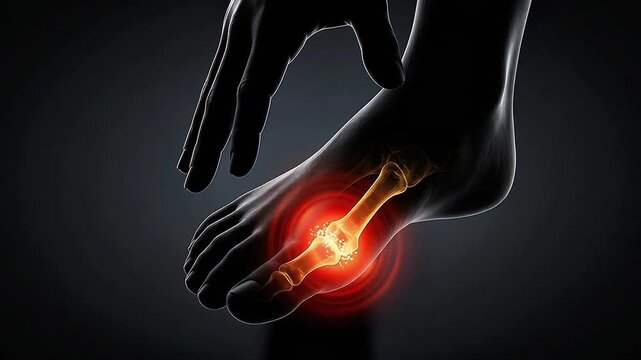 Gout Big Toe Joint Pain Inflammation 3D Medical Animation Foot Anatomy Metatarsal X-Ray Glowing Red Dark