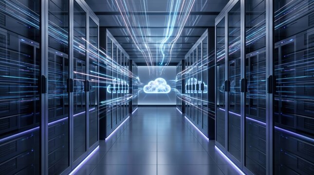 Modern server room data center with glowing blue light trails connecting to a digital cloud symbol, representing cloud computing, big data storage