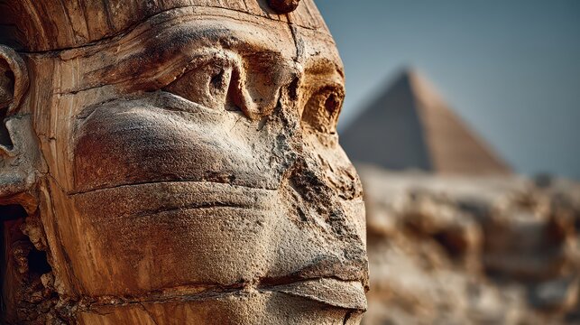 Ancient Egyptian Sculpture with Pyramid in Background at Sunset