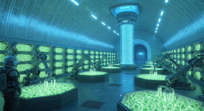 Futuristic Sci-Fi Laboratory with Robotic Arms Processing Glowing Green Bio-Pods in a High-Tech Underground Vault
